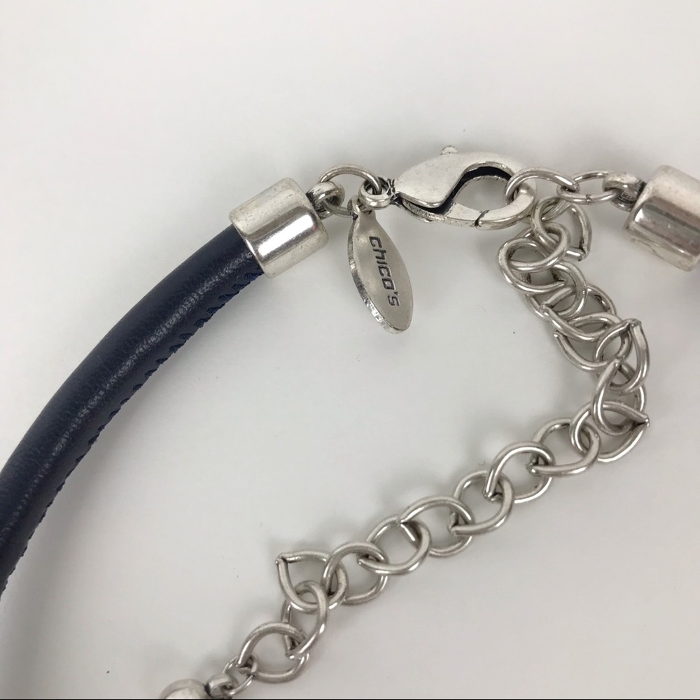 Chico’s Blue Bead & Silver Necklace Blue Leather - Picture 4 of 6